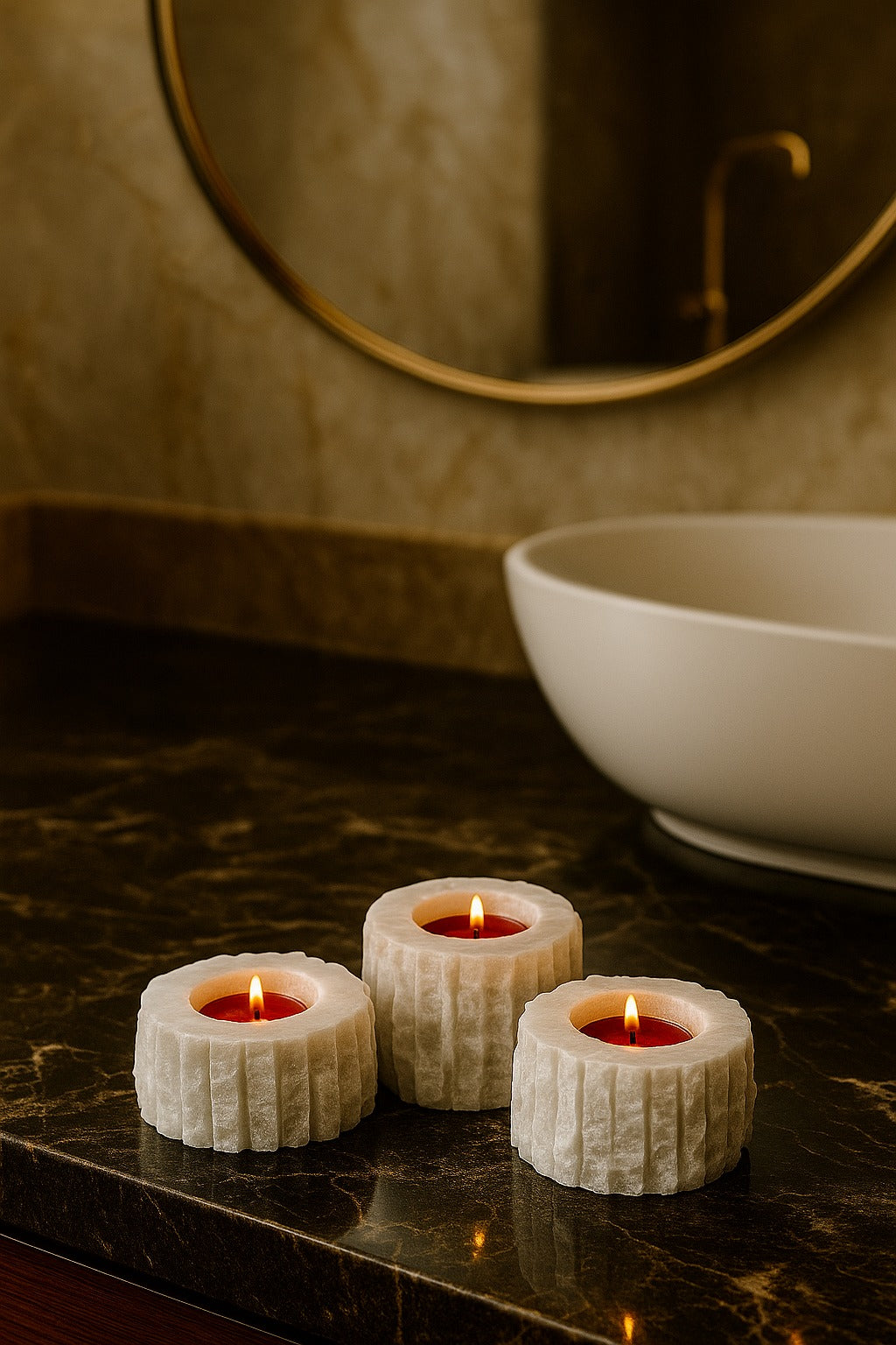 Premium El Oyması Mermer Mumluk | Doğal Taş Tealight | Lüks Ev Dekoru